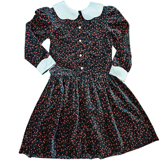 Vintage 90s Girls Size 7 Velvet Green Floral Party Dress Red Satin Collar‎ Long